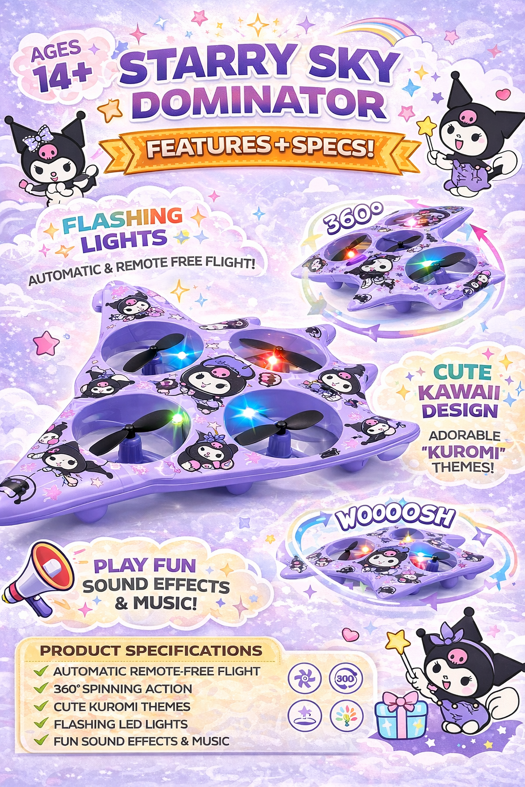 Hand Sensor Flying Spinner Toy for Kids & Teens – LED Light Mini Drone UFO with 360° Rotation, Automatic Hover & Music – Cute Cartoon Design Flying Toy (Rechargeable)