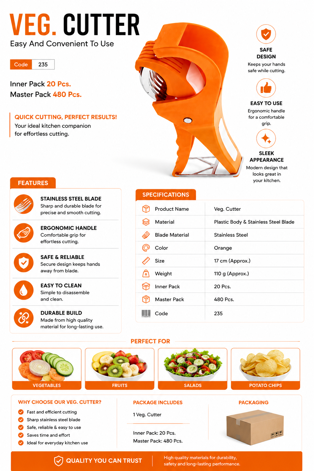Vegetable Cutter Slicer for Kitchen, Stainless Steel Blade Veg Cutter, Multipurpose Vegetable & Fruit Slicer, Manual Salad Maker, Potato Chips Cutter with Safety Handle, Orange