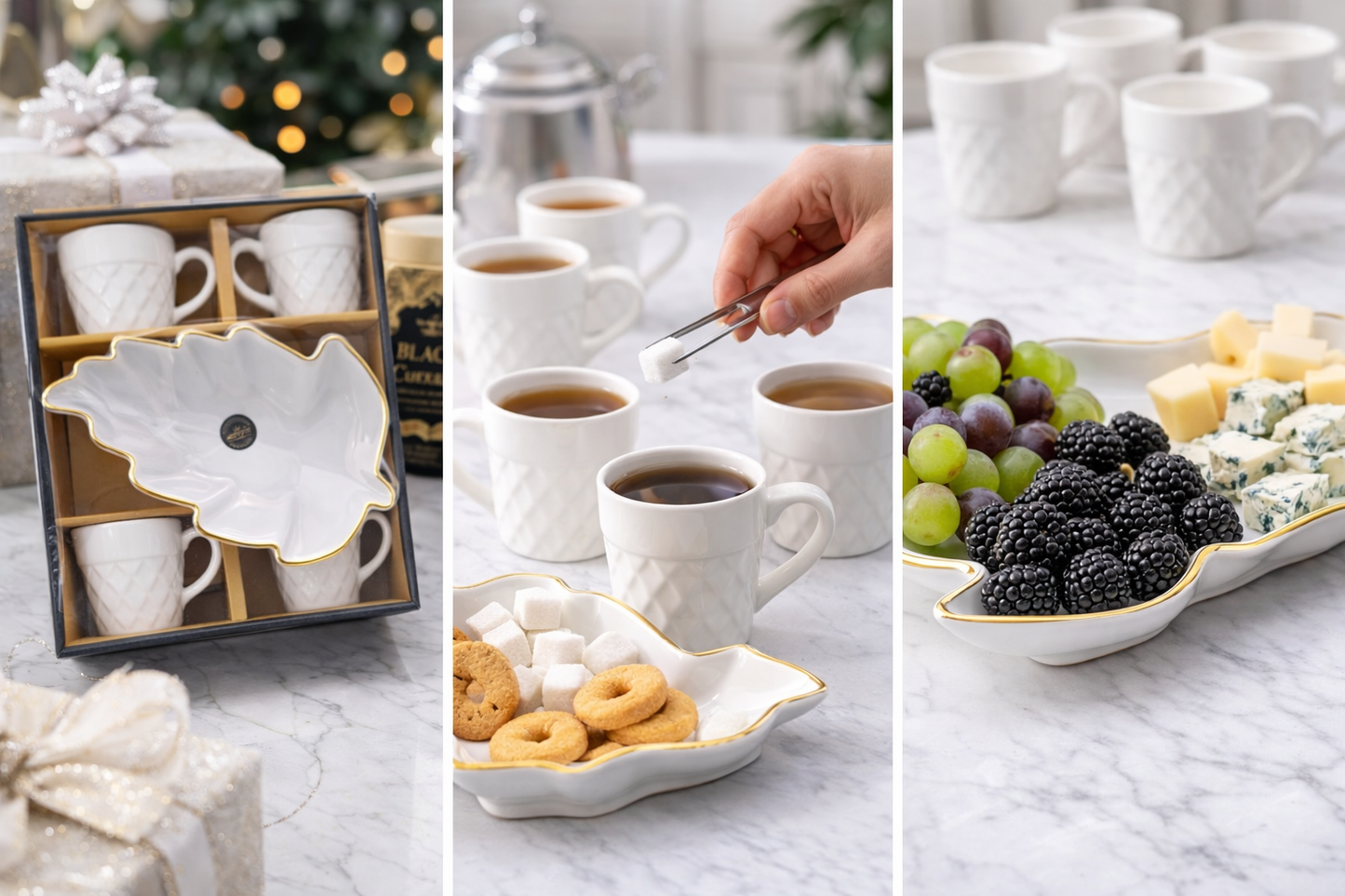 Premium Ceramic Cup Set with Leaf Platter (5 Pieces) | 4 White Diamond Texture Cups (200 ml) + Gold-Rimmed Leaf Serving Dish