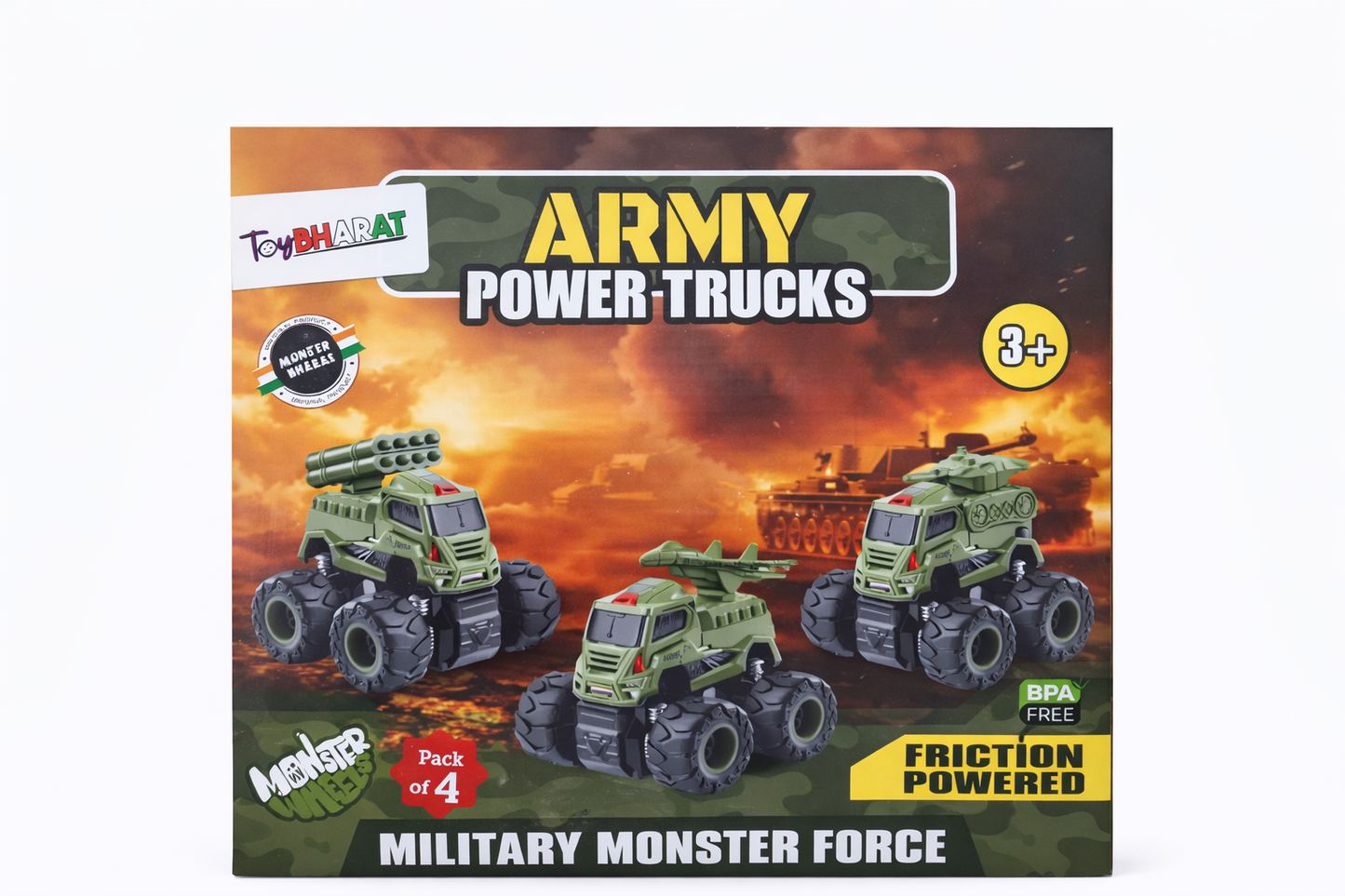 Army Power Trucks Toy Set for Kids (Pack of 4) – Military Monster Trucks with Pull Back Action, Friction Powered, Heavy Duty Vehicles for Boys & Girls Age 3+