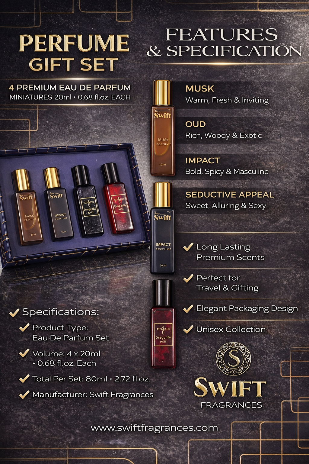 Clensta Luxury Perfume Gift Set for Men & Women – 4 x 20ml Eau De Parfum Miniatures | Long Lasting Premium Fragrance Set | Travel Size Unisex Perfume Collection