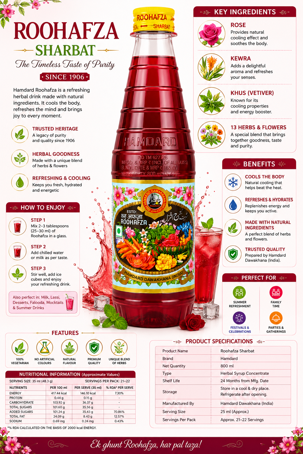 Hamdard Roohafza Sharbat Syrup, Rose Flavoured Herbal Drink Concentrate, Perfect for Milk, Lassi, Falooda & Summer Drinks, 800 ml