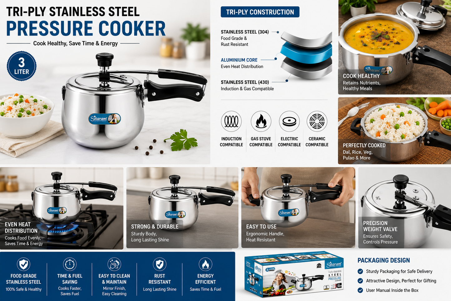 Sitaram Tri-Ply Stainless Steel Pressure Cooker 3 Liter | 304 Food Grade Stainless Steel | Induction & Gas Compatible | 3-Layer Base | Heavy Duty Cooker