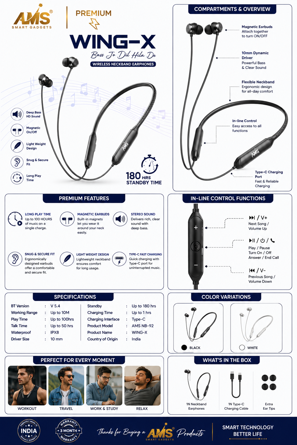 AMS WING-X Wireless Bluetooth Neckband Earphones with Mic, 100 Hours Playtime, Bluetooth 5.4, IPX8 Waterproof, Magnetic Earbuds, 10mm Driver, Stereo Sound, Lightweight Neckband, Fast Charging