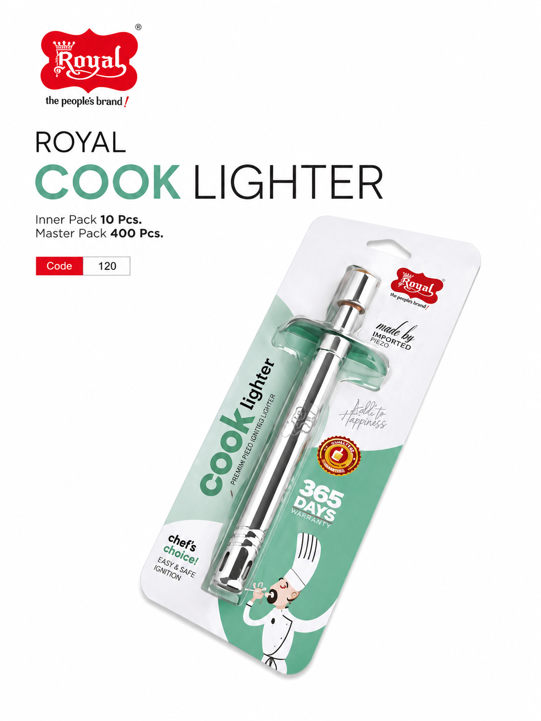 Royal Cook Gas Lighter, Piezo Kitchen Gas Lighter with Jet Flame, Refillable Stainless Steel Gas Stove Lighter with Safety Guard for Kitchen, BBQ, Candle & Camping, Silver & Green