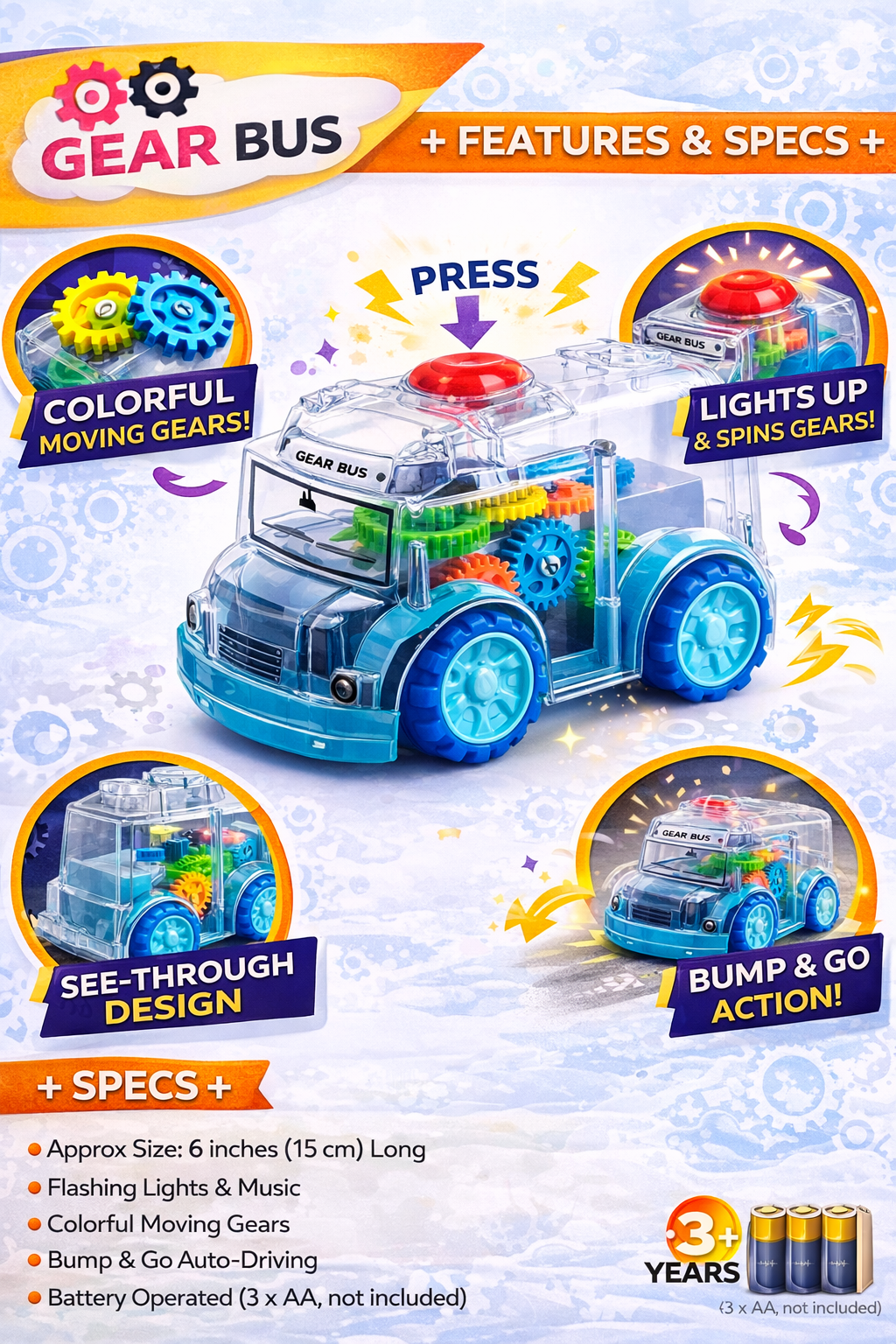 Gear Bus Toy for Kids (3+ Years) – Transparent Bump & Go Car with Moving Gears, Flashing Lights & Music, Battery Operated Educational Toy