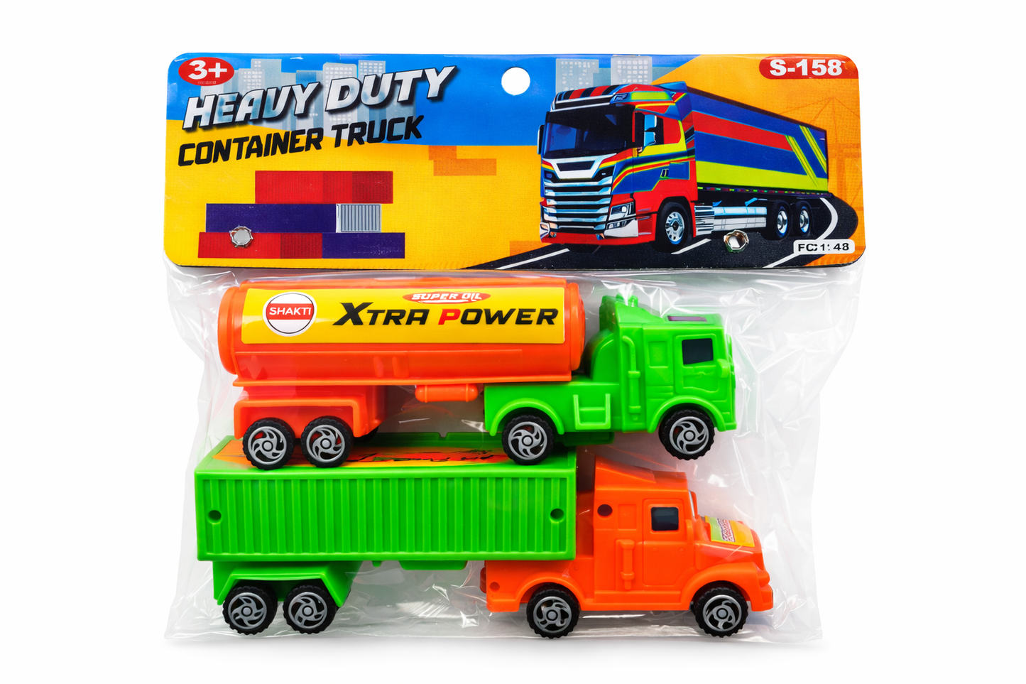 Heavy Duty Toy Truck Set (Pack of 2) – 1:48 Scale Container Truck & Xtra Power Oil Tanker – 5.5 Inch Durable Plastic Construction Vehicles with Vibrant Colors – Fun Play Set for Kids & Toddlers
