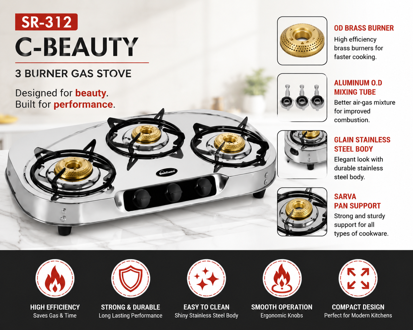 Sitaram SR-312 C-Beauty 3 Burner Gas Stove | Stainless Steel Body | OD Brass Burners | Heavy Duty Sarva Pan Support | Manual Ignition LPG Gas Stove | Silver