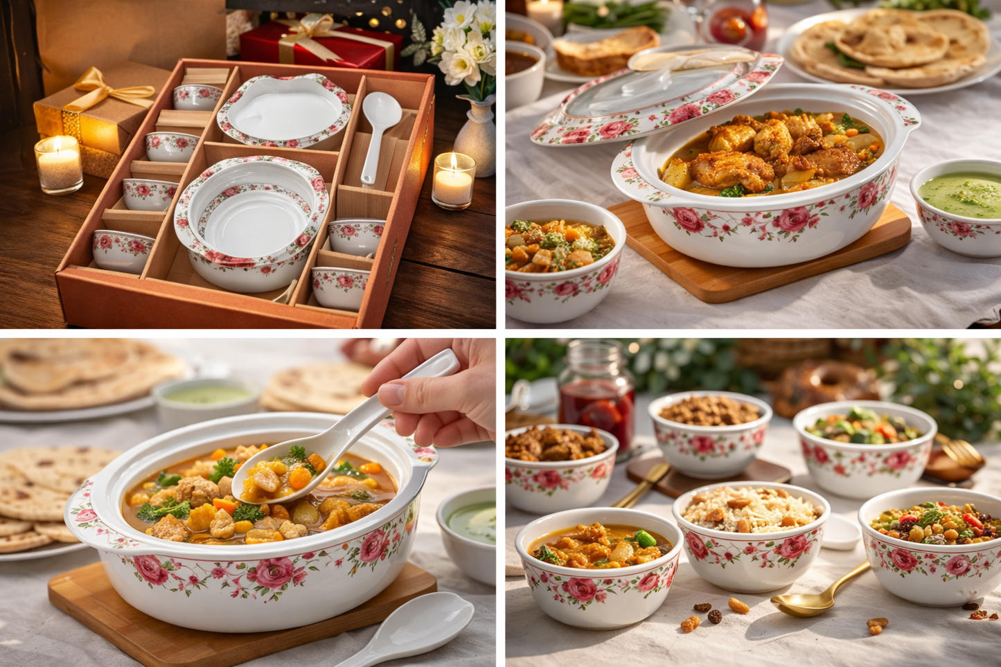 Porcelain Casserole Bowl Set with Lid & Spoon (7 Pieces) – 1.5L Oval Serving Casserole + 5 Soup Bowls (5.5 Inch) | Floral Design Dinnerware Set | Dishwasher Safe | Gift Box Pack