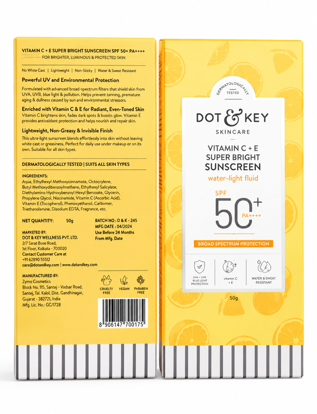 Dot & Key Vitamin C + E Super Bright Sunscreen SPF 50+ PA++++ | Water-Light Fluid Sunscreen | Broad Spectrum UVA/UVB Protection | No White Cast | Lightweight & Non-Sticky | 50g