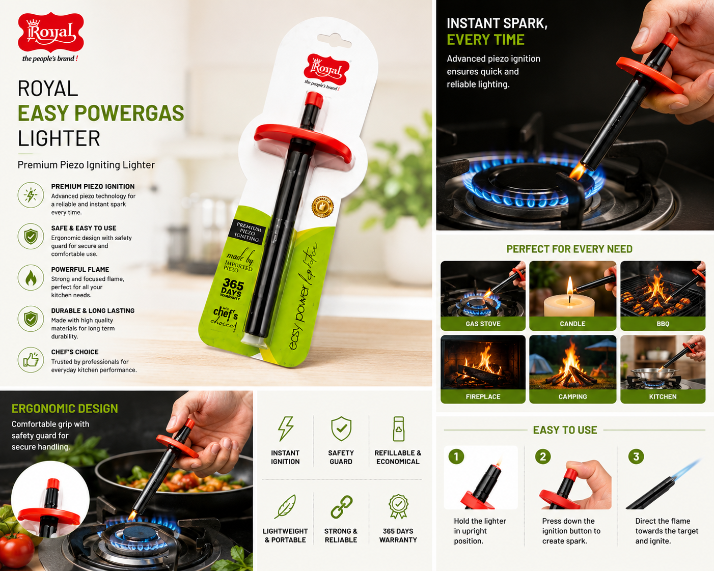Royal Easy Powergas Lighter for Kitchen Gas Stove | Premium Piezo Ignition Gas Lighter | Refillable Jet Flame Lighter | Safety Guard | Lightweight & Portable | Black & Red | 365 Days Warranty