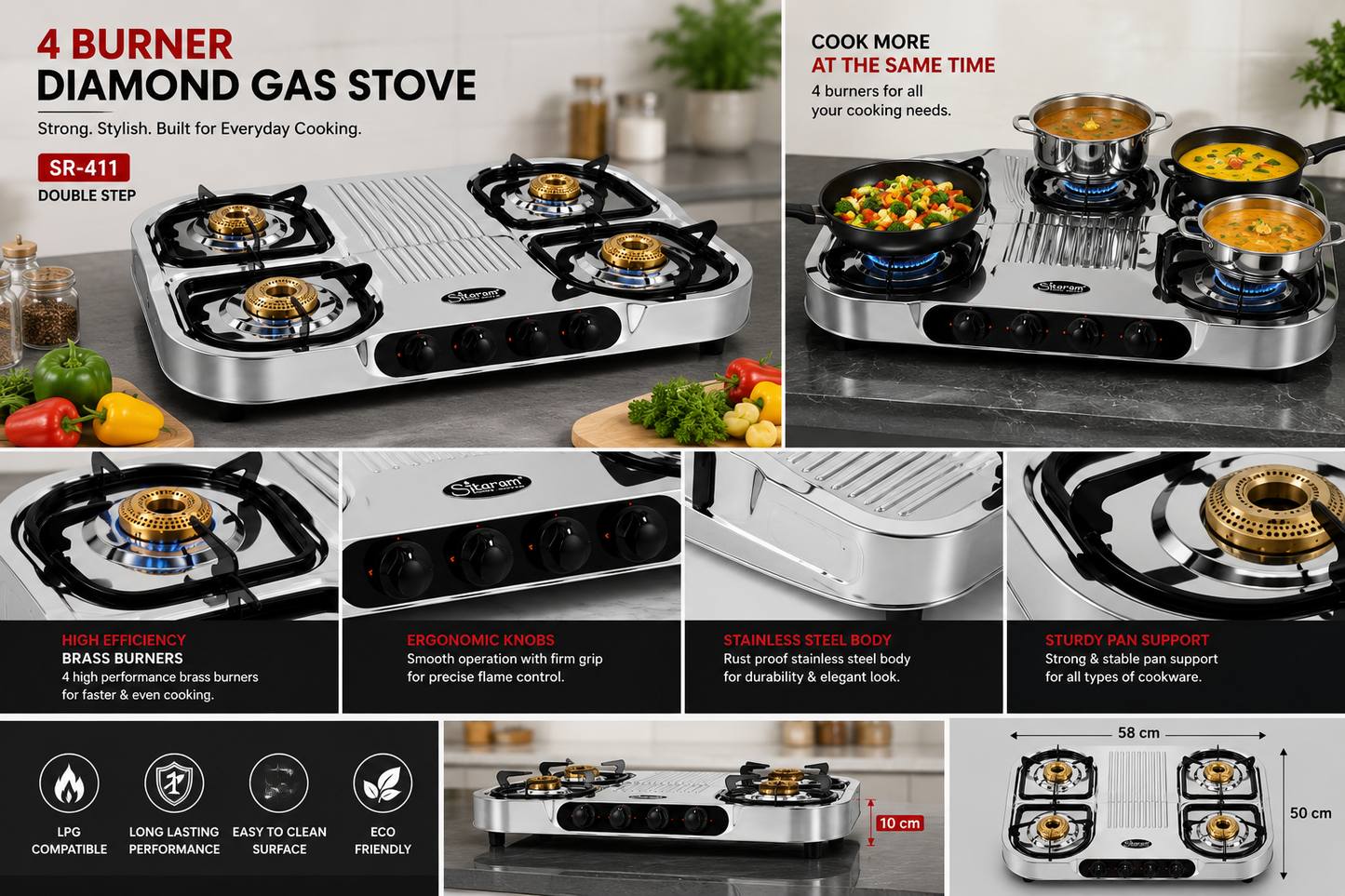 Sitaram SR-411 Diamond 4 Burner Gas Stove | Stainless Steel Body | Brass Burners | Heavy Duty Pan Support | Manual Ignition LPG Gas Stove | Silver