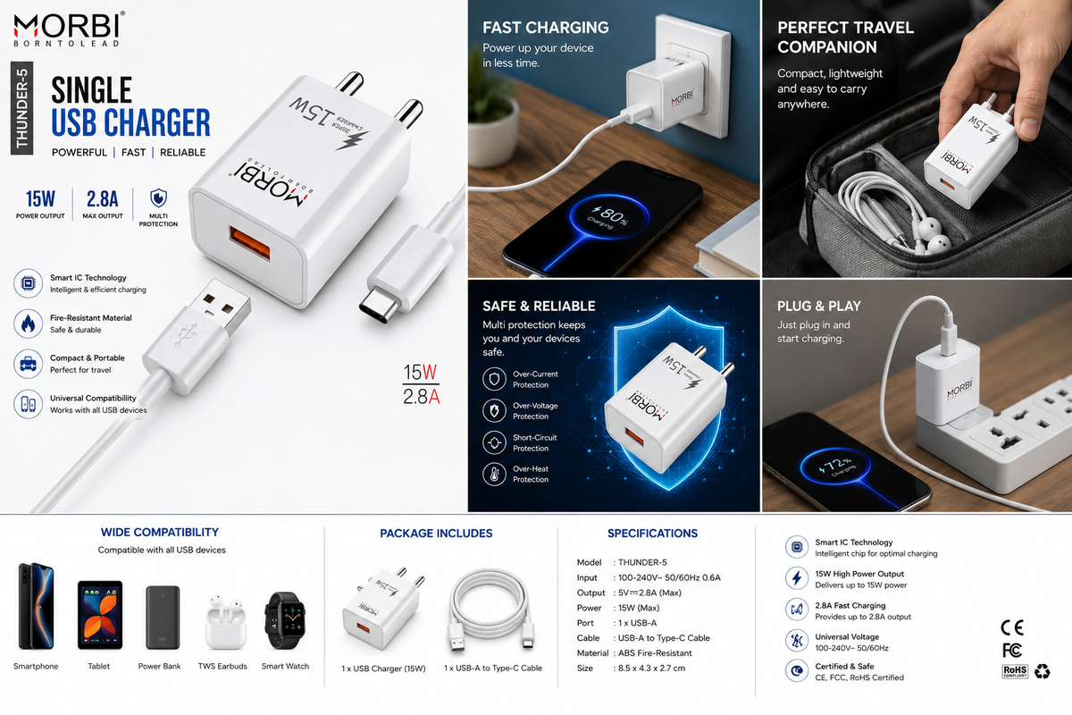 MORBI Thunder-6 15W Single USB Charger with Cable, Fast Charging USB-A Wall Charger Adapter, 2.1A Output, Smart IC, Multi Protection, Compact Travel Charger for Smartphones, Tablets, Power Banks & USB Devices
