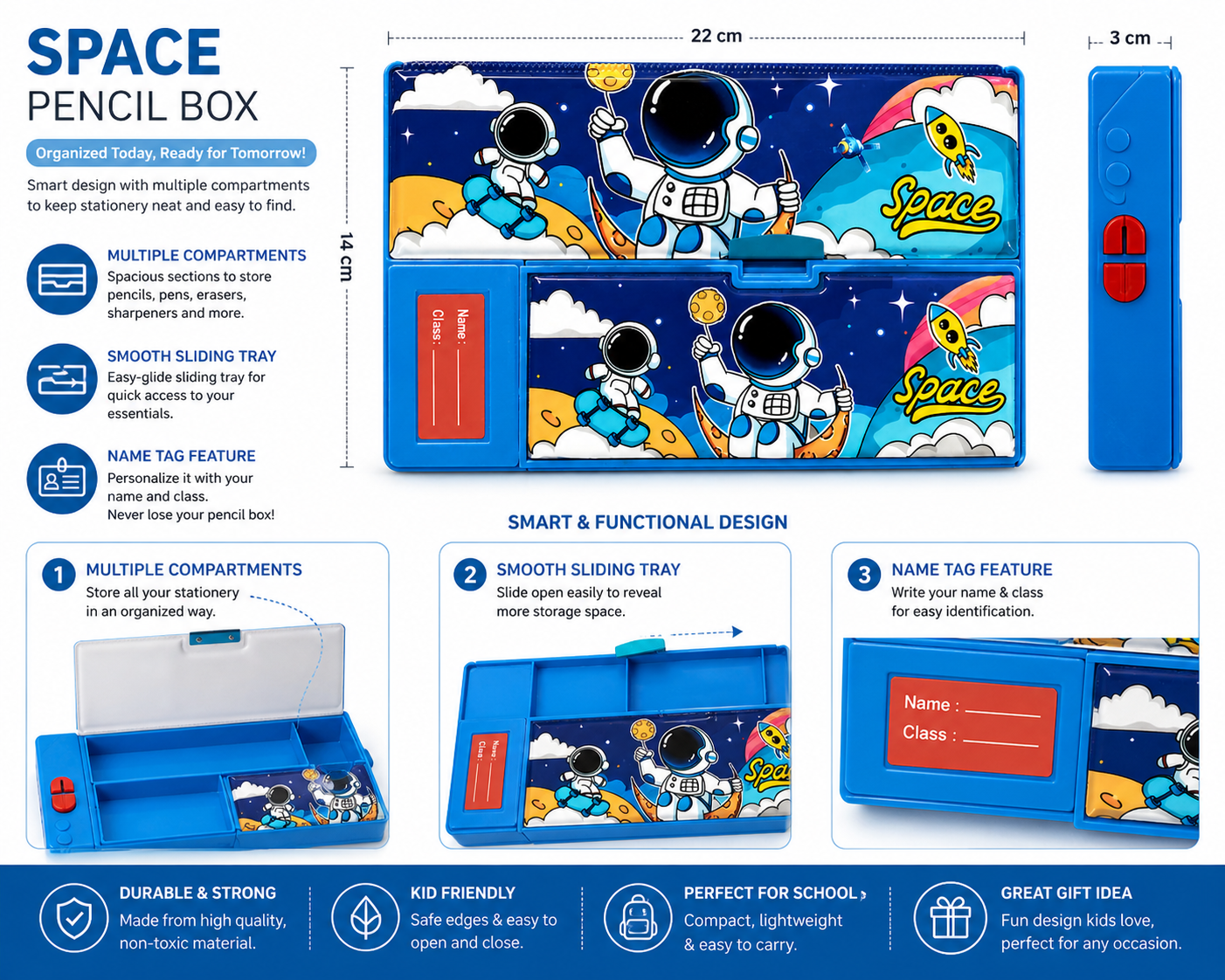 Space Astronaut Large Capacity Pencil Box for Boys – Multi-Compartment Stationery Organizer with Smooth Sliding Tray & Personalizable Name Tag