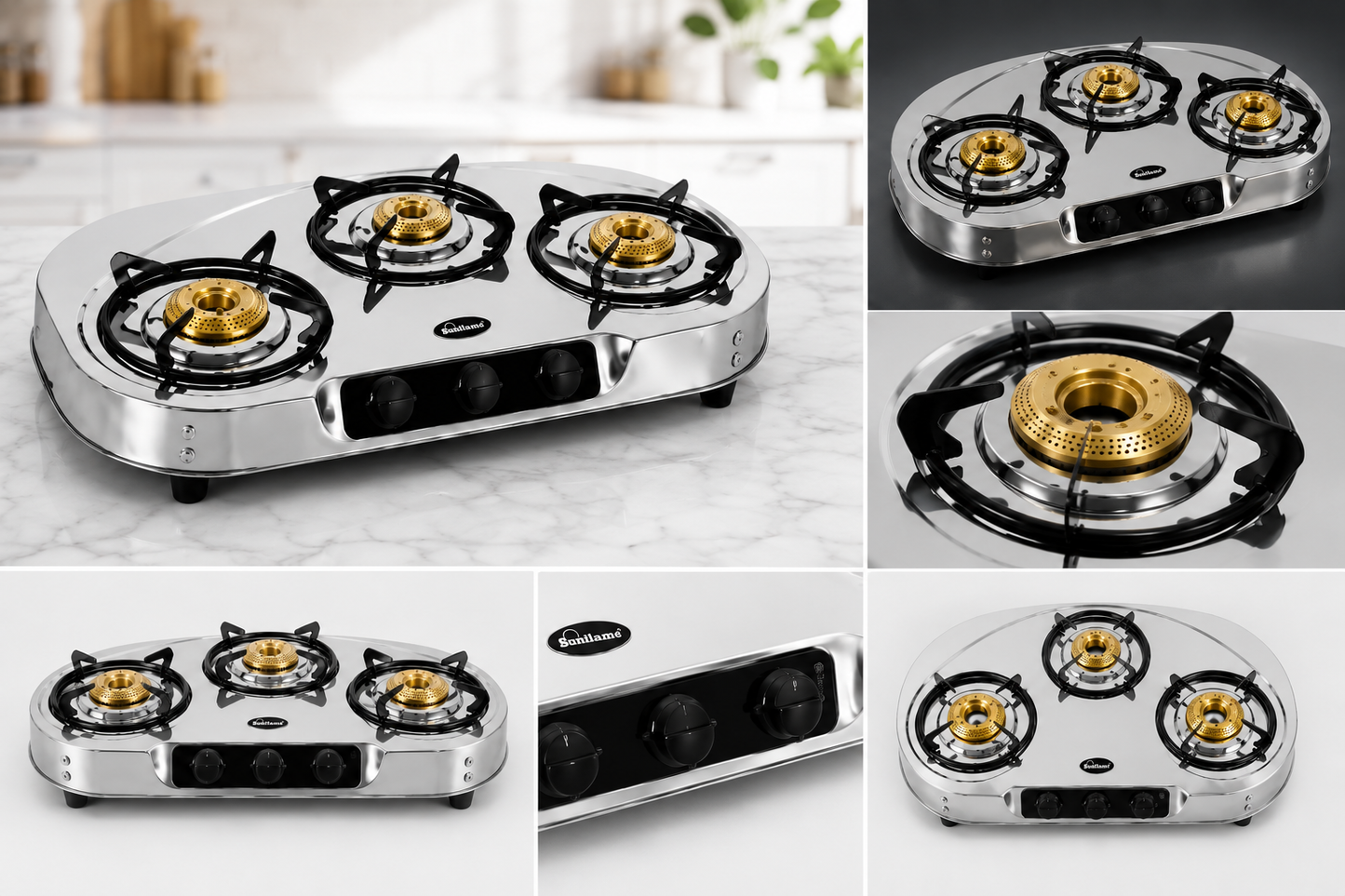 Sitaram SR-312 C-Beauty 3 Burner Gas Stove | Stainless Steel Body | OD Brass Burners | Heavy Duty Sarva Pan Support | Manual Ignition LPG Gas Stove | Silver