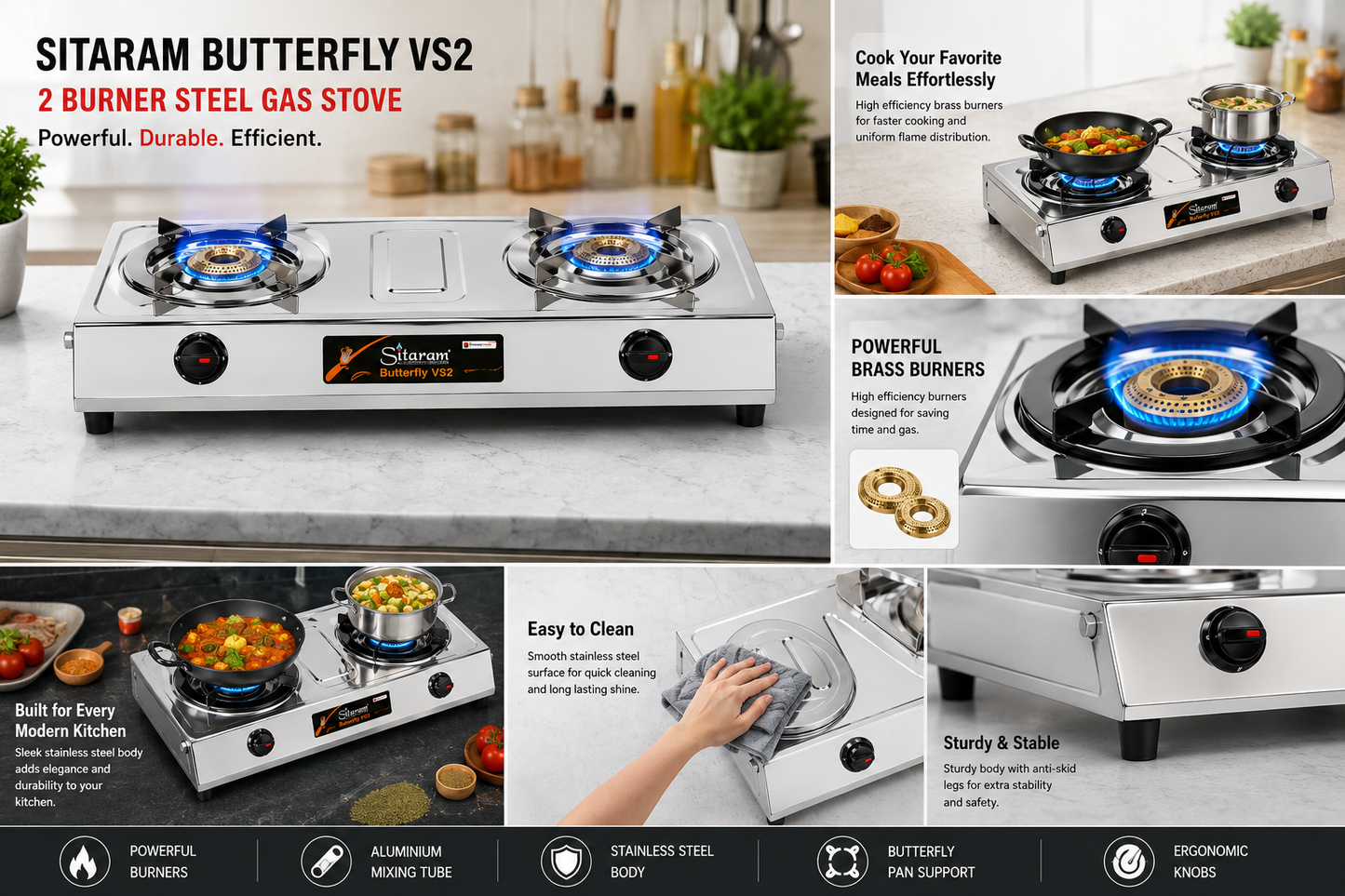 SR-205 Pigeon 2 Burner Stainless Steel Gas Stove | Manual Ignition LPG Gas Cooktop | Heavy Duty Brass Burners | Stainless Steel Body | Ergonomic Knobs | Silver