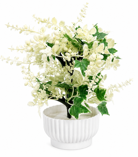 Artificial Berry Plant with Pot for Home Decor | Realistic Faux Green & White Flower Plant | Decorative Indoor Plant for Living Room, Bedroom, Office Desk, Shelf, Table & Bathroom | 20 cm