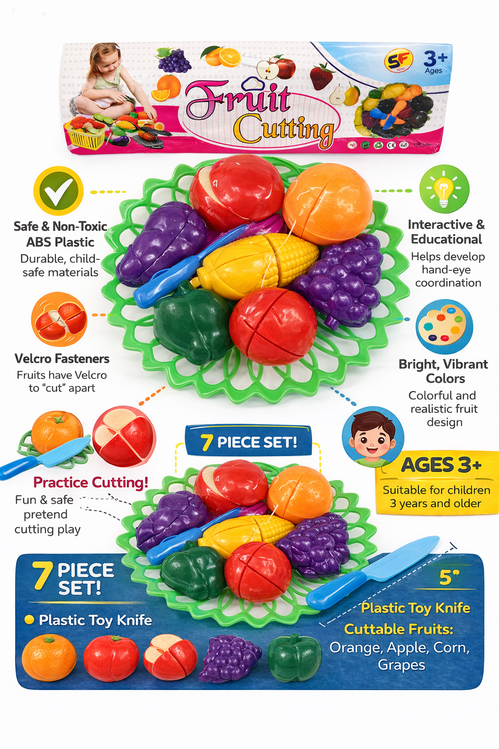 Fruit Cutting Toy Set for Kids, 7-Piece Pretend Play Food Set with Plastic Knife & Velcro Cuttable Fruits, Educational Kitchen Toy for Boys & Girls (3+ Years)