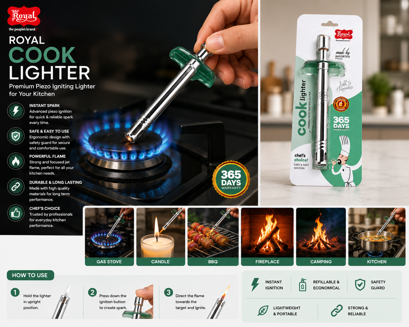Royal Cook Gas Lighter, Piezo Kitchen Gas Lighter with Jet Flame, Refillable Stainless Steel Gas Stove Lighter with Safety Guard for Kitchen, BBQ, Candle & Camping, Silver & Green
