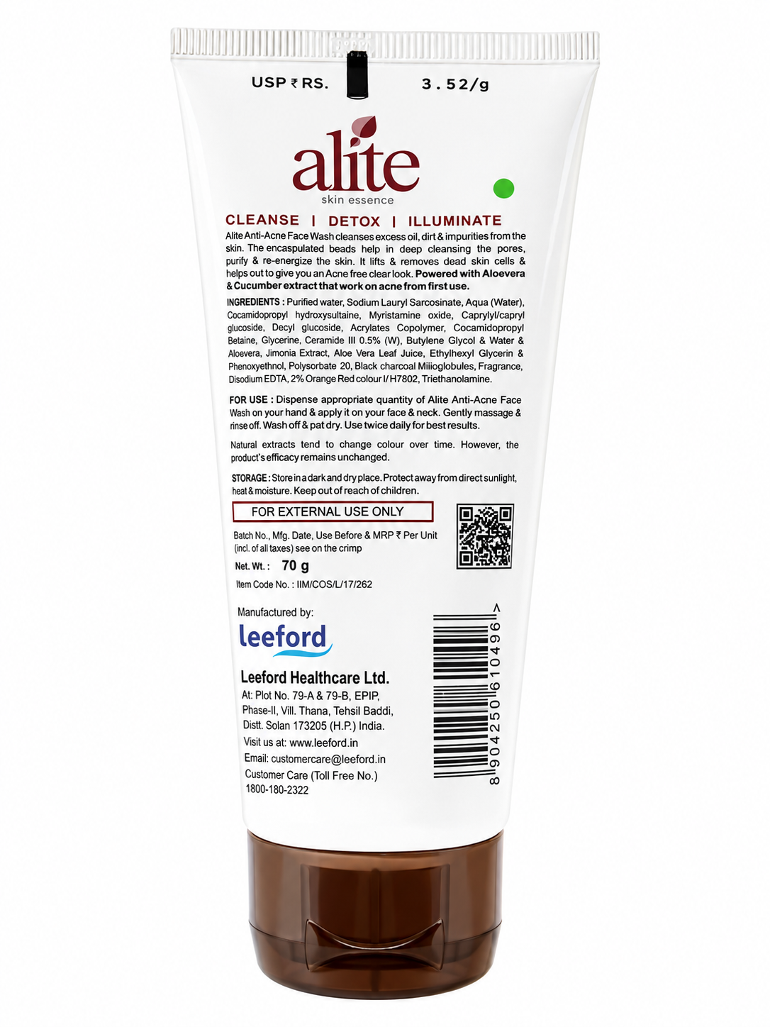 Alite Anti-Acne Facewash with Charcoal, Aloe Vera & Cucumber Extract, Deep Cleansing & Oil Control Face Wash for Oily to Normal Skin, Paraben Free, Sulfate Free, Soap Free, 70 g