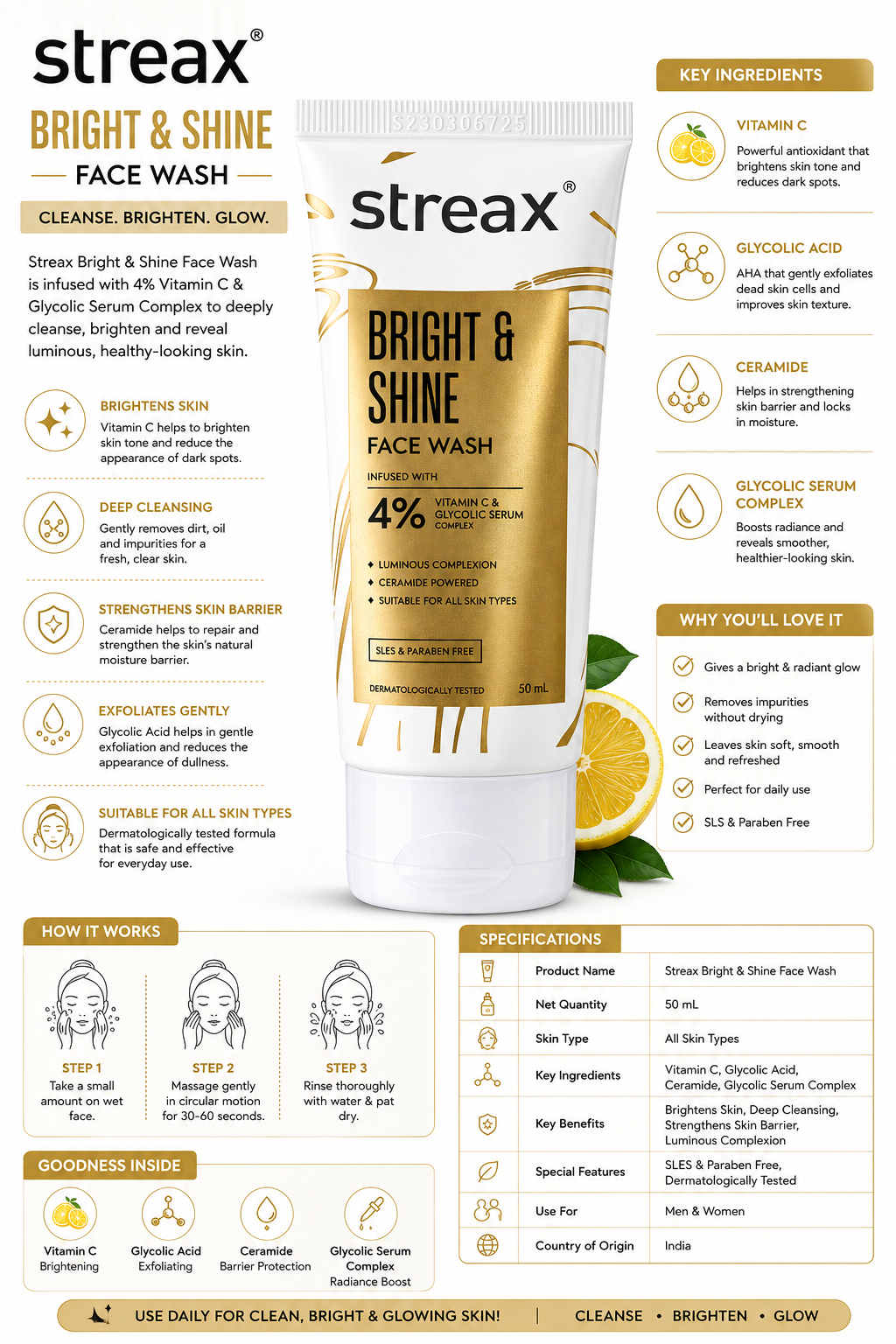 Streax Bright & Shine Face Wash with 4% Vitamin C & Glycolic Serum Complex, Ceramide, Deep Cleansing & Skin Brightening Face Cleanser, SLES & Paraben Free, 50 ml
