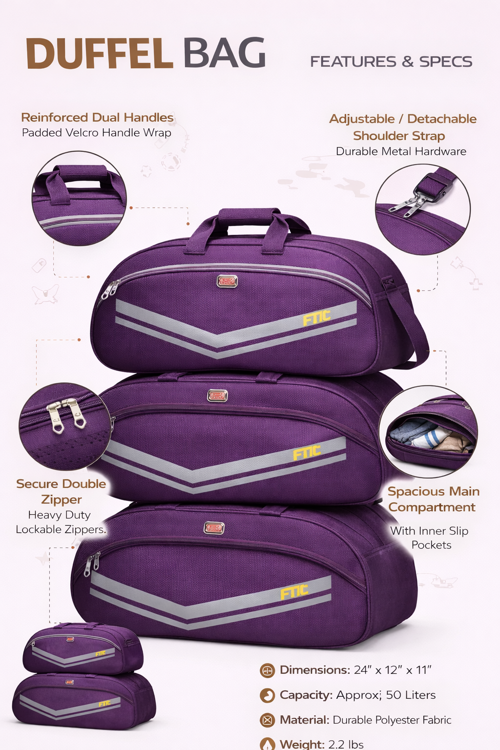 50L Travel Duffel Bag with Shoulder Strap, Large Weekender Gym Purple ( set of 3 )