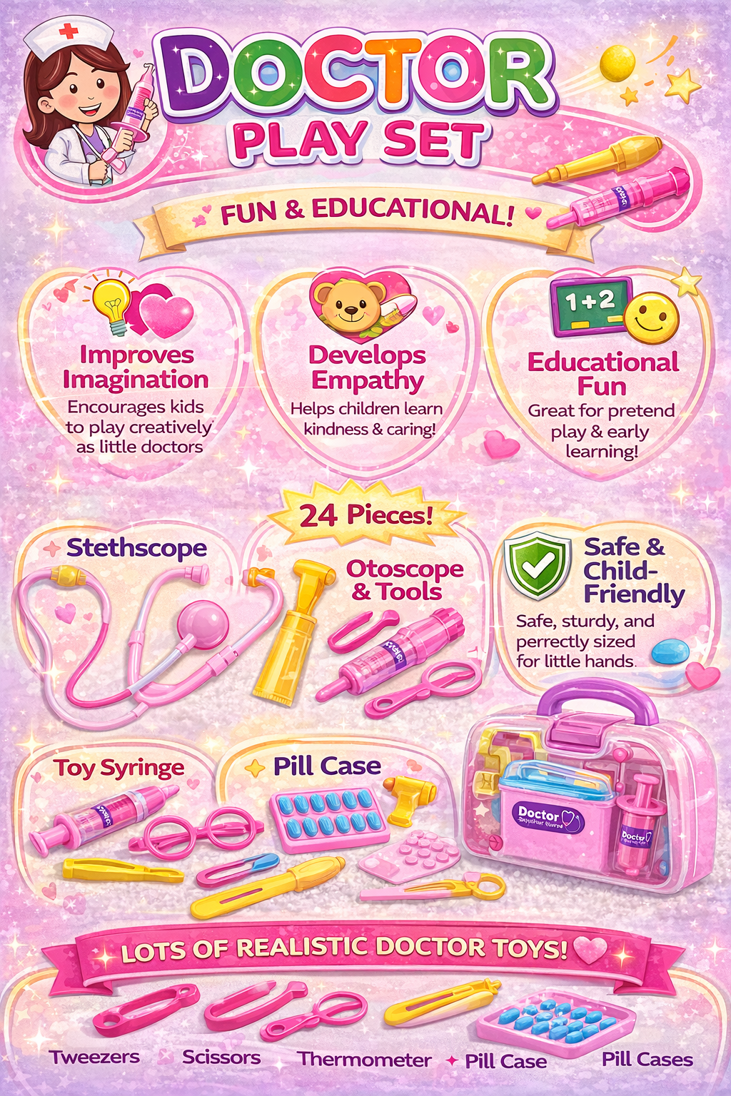 24-Piece Doctor Play Set for Kids | Fun & Educational Pretend Play Kit for Toddlers | Includes Stethoscope, Toy Syringe, & Carrying Case
