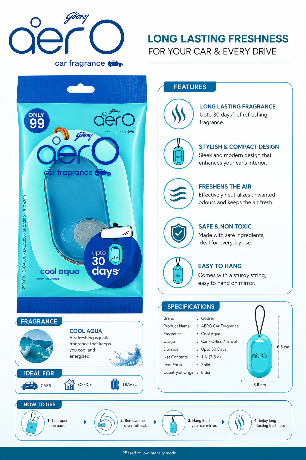 Godrej AerO Car Fragrance, Rose Blossom | Car Perfume for Fresh & Pleasant Ambience | Long Lasting Fragrance Up to 30 Days | Easy to Hang | 1 Unit