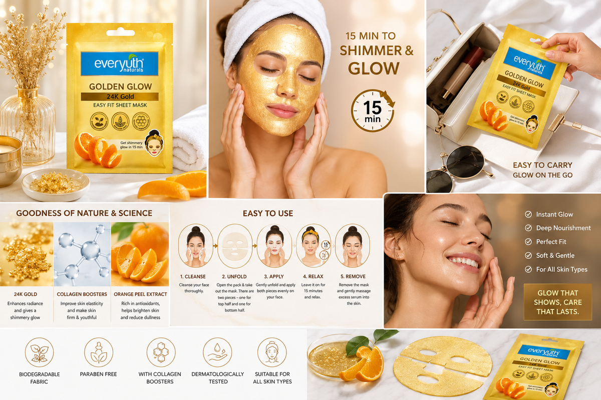 Everyuth Naturals Golden Glow 24K Gold Easy Fit Sheet Mask, 25ml, Biodegradable Sheet Mask with Orange Peel Extract & Collagen Boosters, Hydrating & Brightening Face Mask for All Skin Types