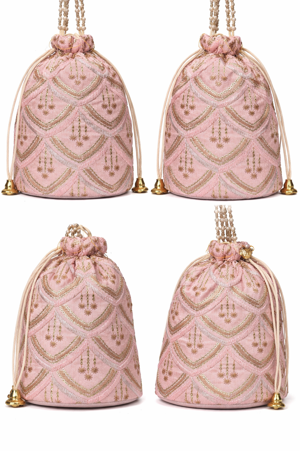 Blush Pink Potli Bag for Women, Embroidered Drawstring Clutch with Pearl Beads, Gold and Silver Sequin Work