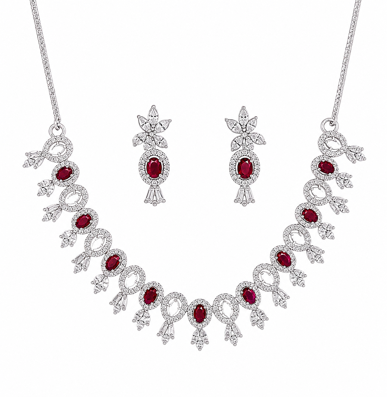 Ruby Elegance Necklace Earrings Set for Women, Cubic Zirconia Jewelry Set, Rhodium Plated Red Stone Necklace Set, Bridal Wedding Party Jewelry for Girls & Women