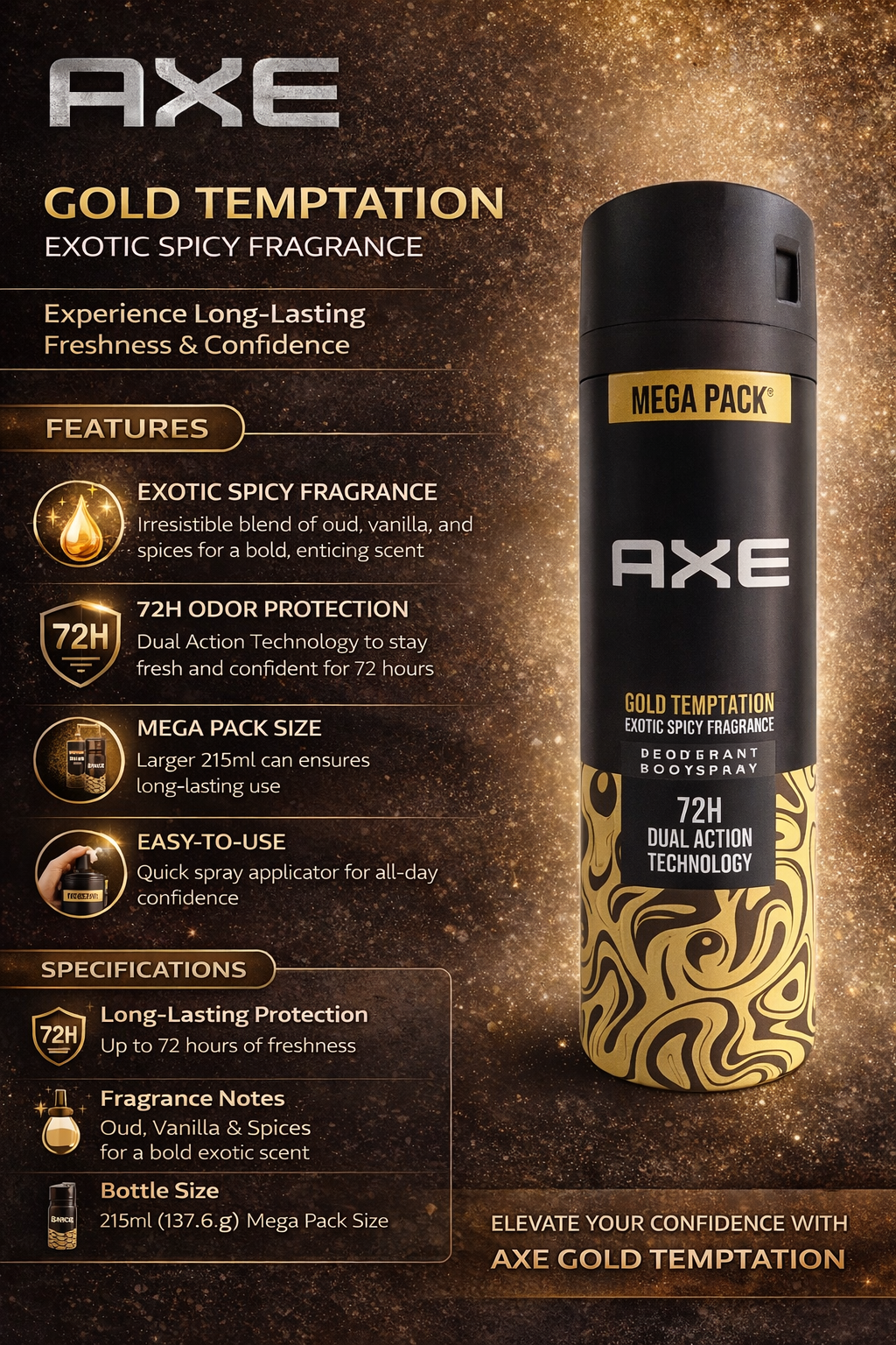 AXE गोल्ड टेम्प्टेशन डियोड्रेंट बॉडी स्प्रे फॉर मेन 215ml | 72 घंटे तक चलने वाली ताज़गी | ऊद, वनीला और स्पाइसी खुशबू | मेगा पैक | रोज़ाना इस्तेमाल के लिए बॉडी स्प्रे