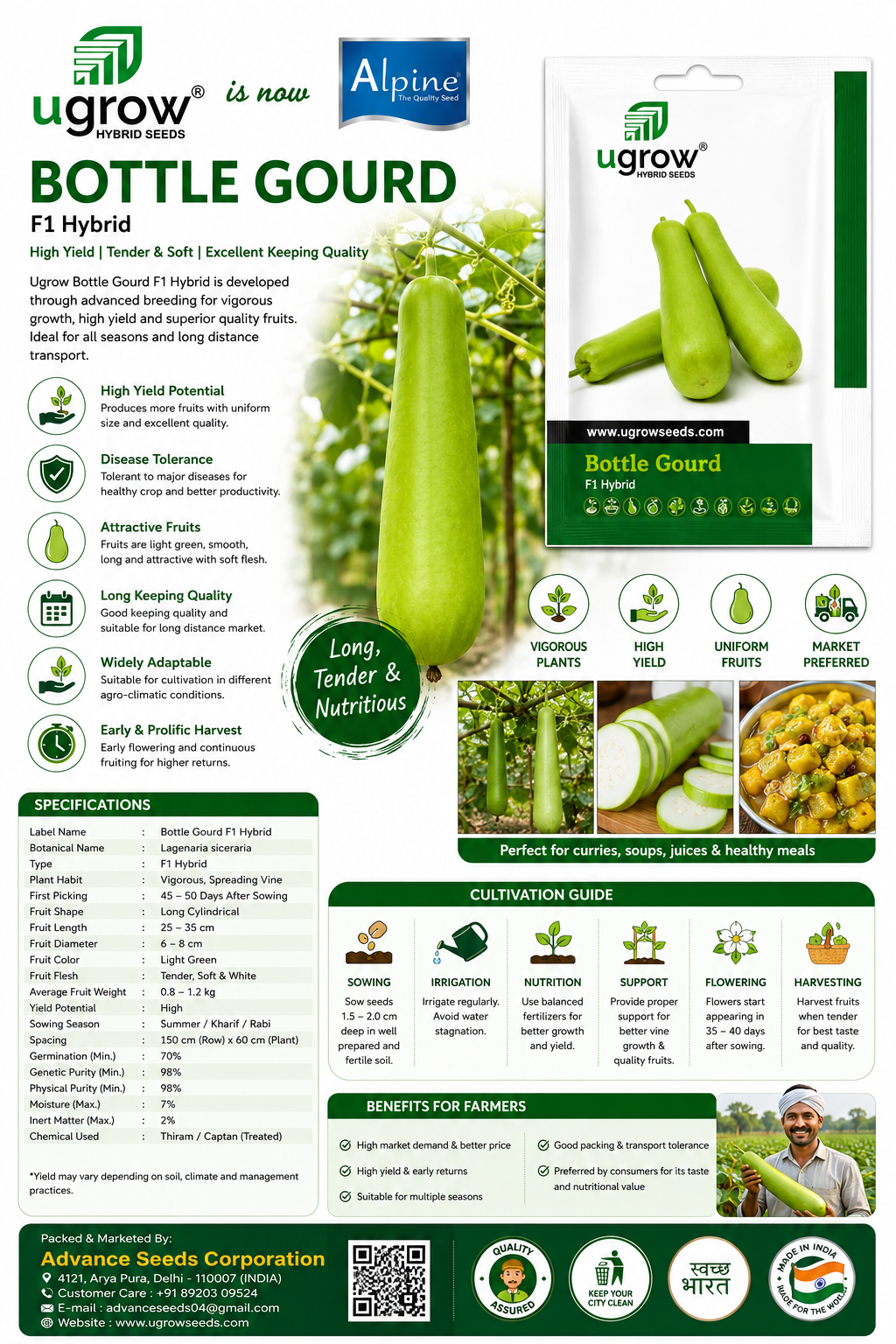Ugrow Bottle Gourd F1 Hybrid Seeds | High Yield Lauki Hybrid Seeds | Lagenaria siceraria Vegetable Seeds | Long Tender Fruits | Disease Tolerant & Market Preferred Variety