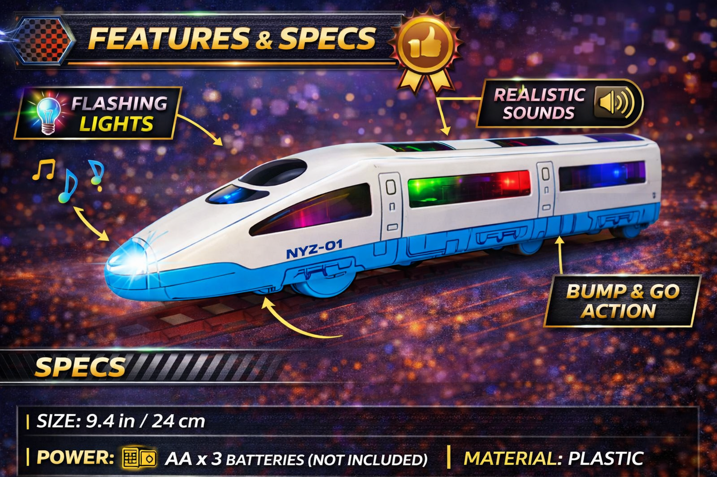 Bullet Train Toy for Kids with Lights & Sound | Battery Operated Train Toy with Bump & Go Action | LED Flashing Lights & Music | High-Speed Train Model Toy (3+ Years)
