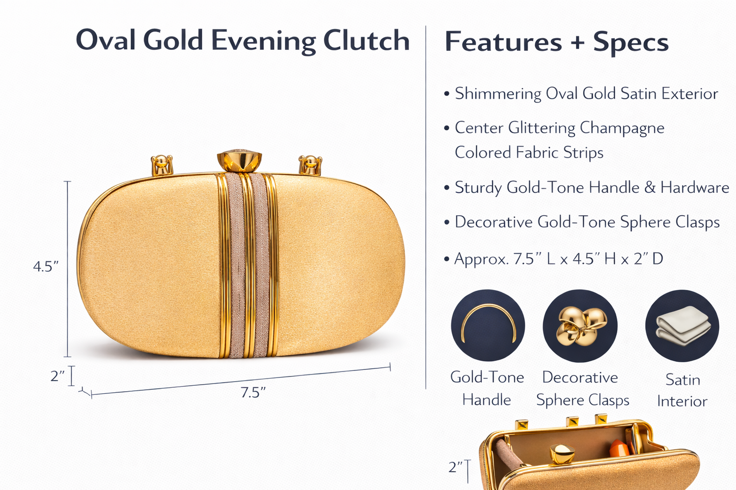 Oval Gold Evening Clutch for Women | Satin Party Handbag with Gold-Tone Handle, Sphere Clasp & Glitter Stripe Detail