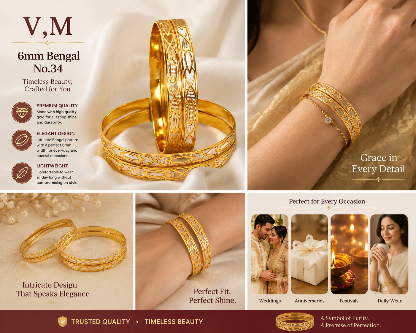 Harmal Store V,M 6mm Gold Plated Bangle Set for Women – Intricate Traditional Bengal Pattern Kada Bracelets, Lightweight High Polish Daily Wear Jewelry for Weddings and Festivals