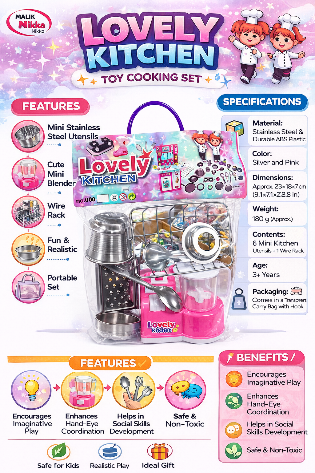 Kids Kitchen Play Set with Mini Stainless Steel Utensils & Blender Toy, Cooking Role Play Set for Girls & Boys, Pretend Play Kitchen Toy Kit (3+ Years)