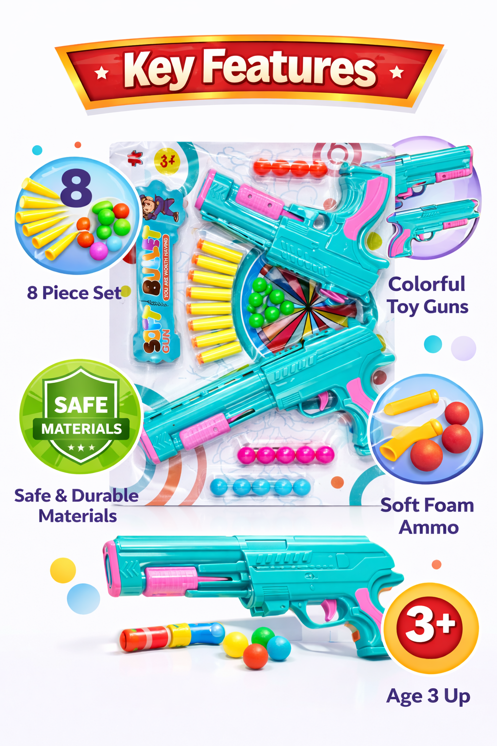 Kids Toy Gun Set with Soft Foam Bullets & Balls | 8 Piece Shooting Toy Gun Kit for Boys & Girls