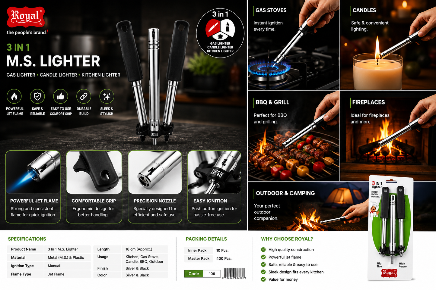 Royal 3 in 1 M.S. Gas Lighter for Kitchen, Stainless Steel Manual Gas Stove Lighter, Candle Lighter & Kitchen Lighter, High Power Flame, Long Handle Safety Igniter, Silver & Black