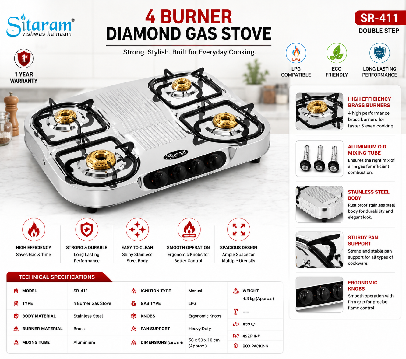 Sitaram SR-411 Diamond 4 Burner Gas Stove | Stainless Steel Body | Brass Burners | Heavy Duty Pan Support | Manual Ignition LPG Gas Stove | Silver