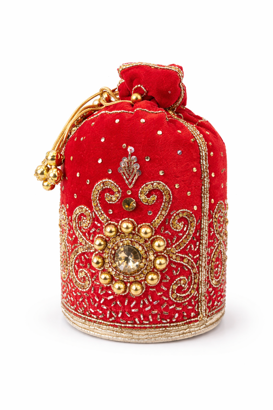 Red Velvet Potli Bag for Women, Embroidered Drawstring Clutch Purse with Pearl and Gold Bead Handle,