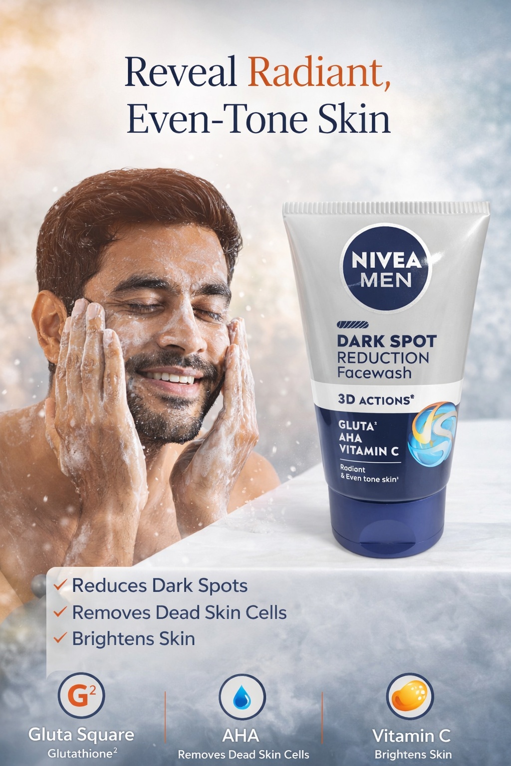 Nivea Men Dark Spot Reduction Face Wash with Gluta, AHA & Vitamin C, Brightening Face Cleanser for Men