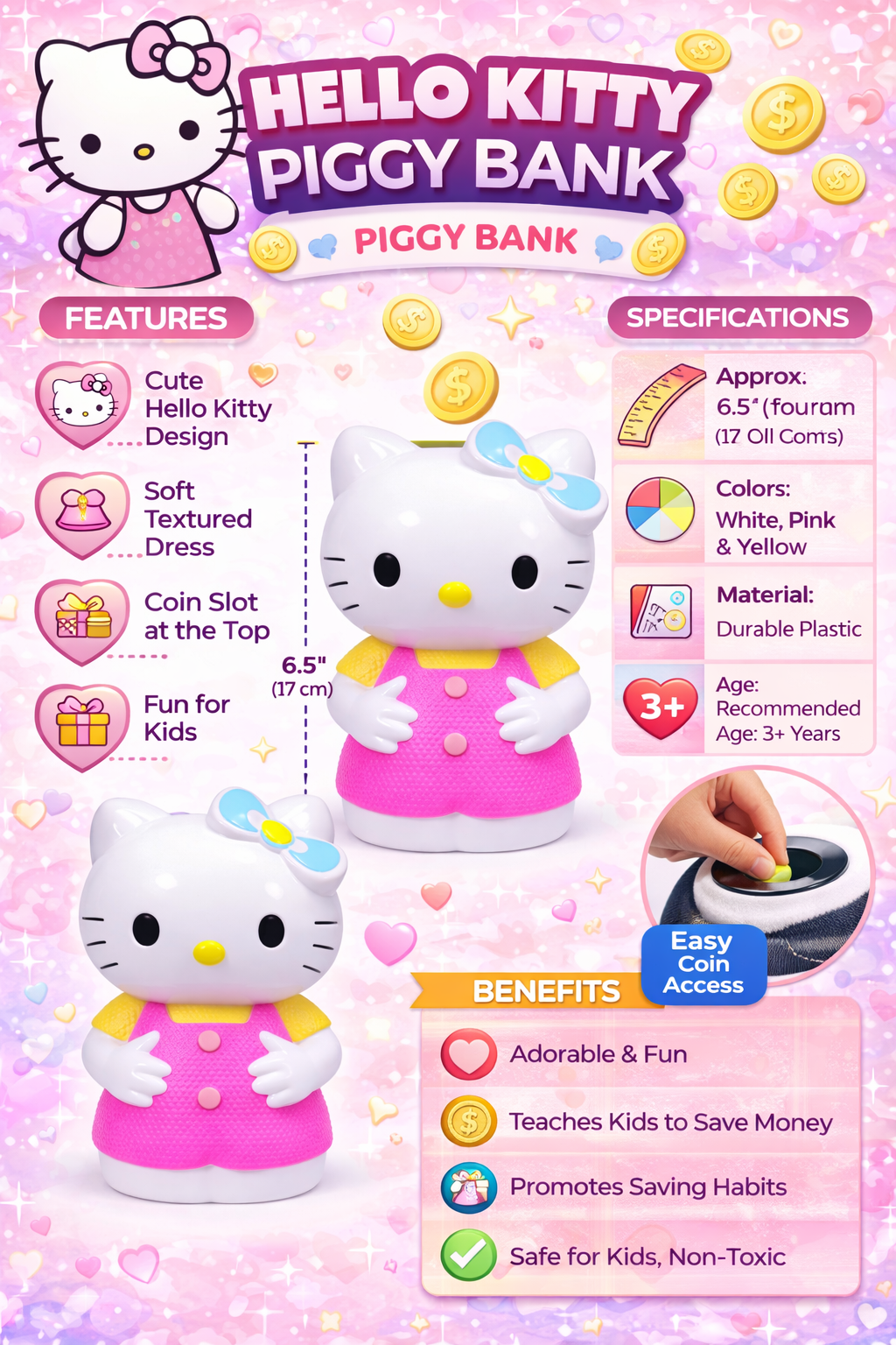 Hello Kitty Piggy Bank for Kids, Cute Coin Bank with Coin Slot & Easy Access, 6.5 Inch Plastic Money Saving Box, Gift for Girls (3+ Years)