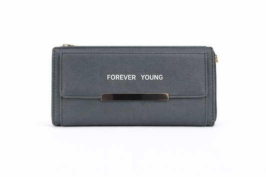 Women's Blue Gray PU Leather Wallet with Metal Bar Closure, Zipper Pocket and Multiple Compartments