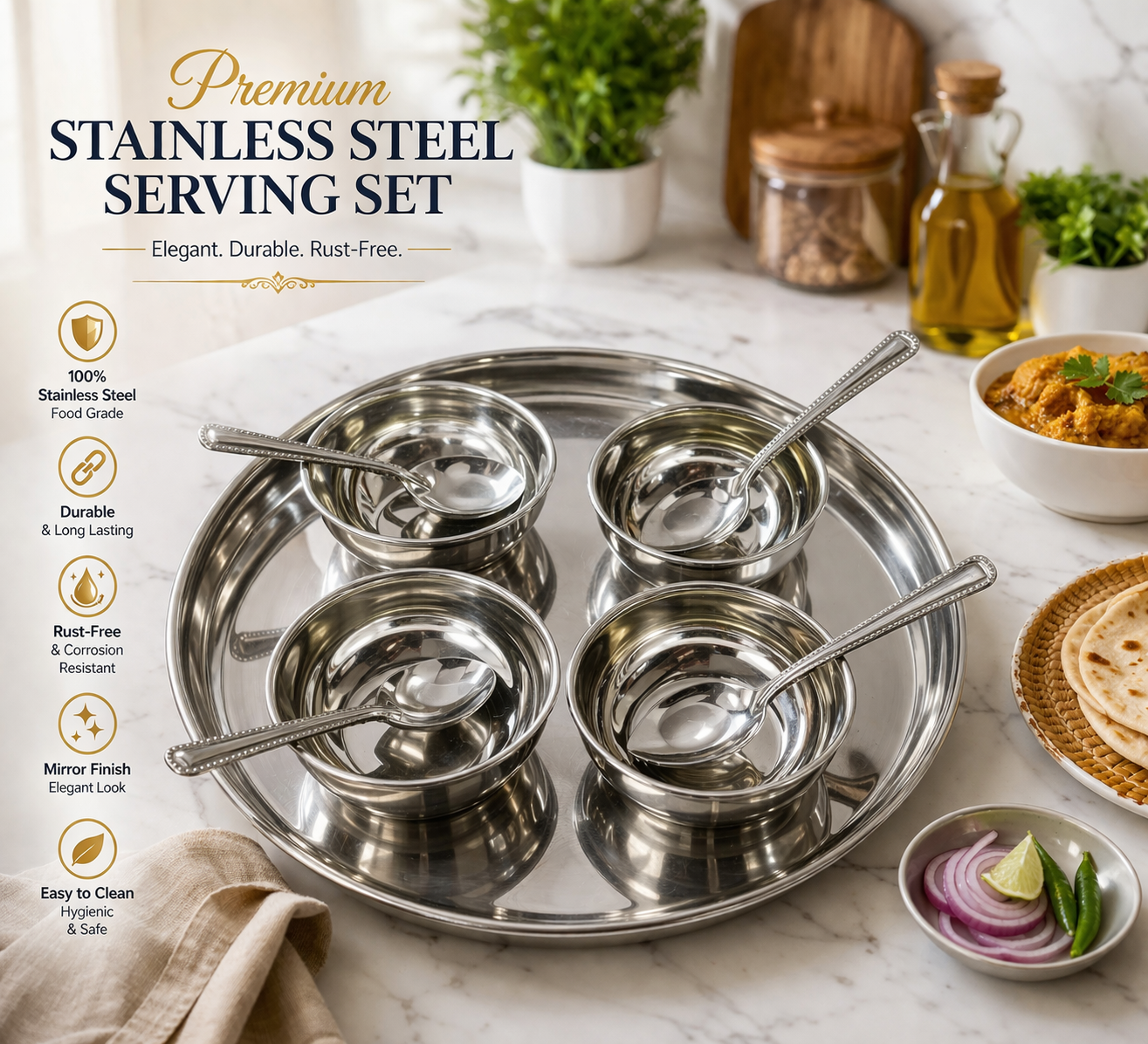 Stainless Steel Serving Set with Tray (4 Bowls + 4 Spoons) | Rust-Resistant Mini Katori Set for Chutney, Spices & Serving | Durable Steel Dinnerware Set