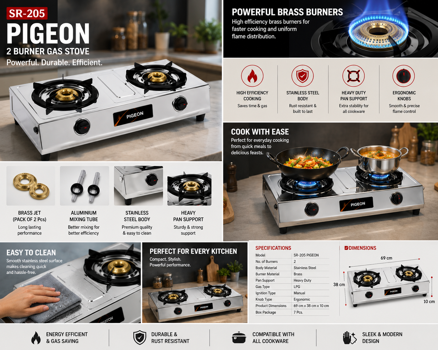SR-210 Butterfly 2 Burner Gas Stove | Stainless Steel Body | Brass Burners | Heavy Duty Pan Support | Manual Ignition LPG Gas Stove | Silver