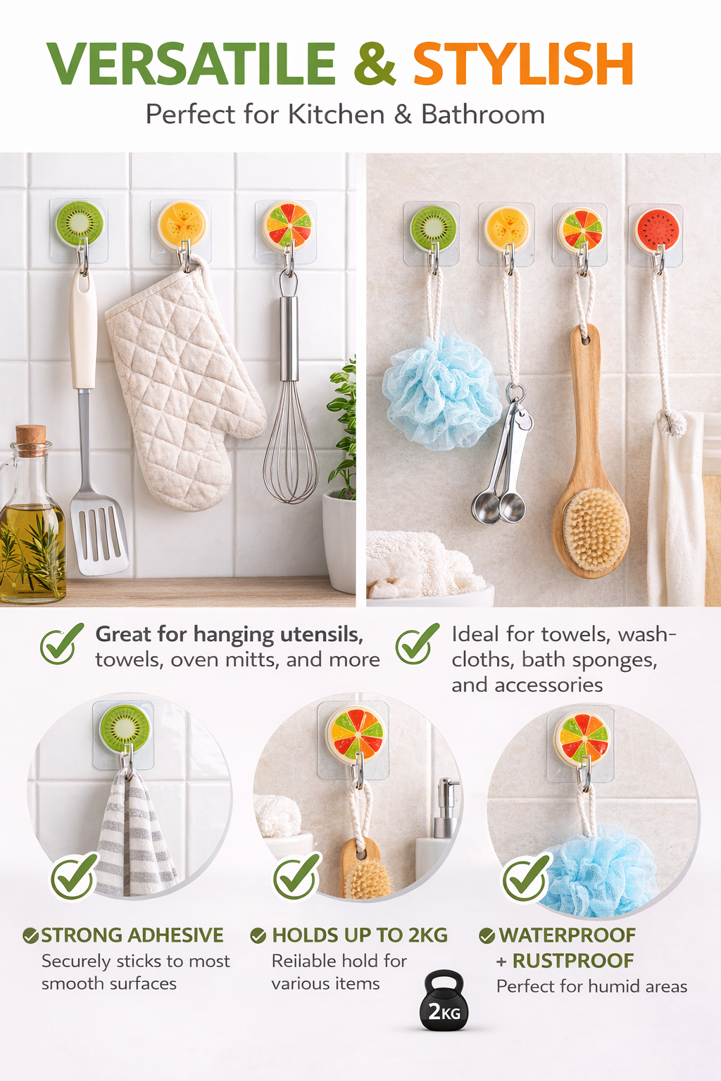 Self Adhesive Wall Hooks Set of 5 | Strong Sticky Hooks for Kitchen & Bathroom