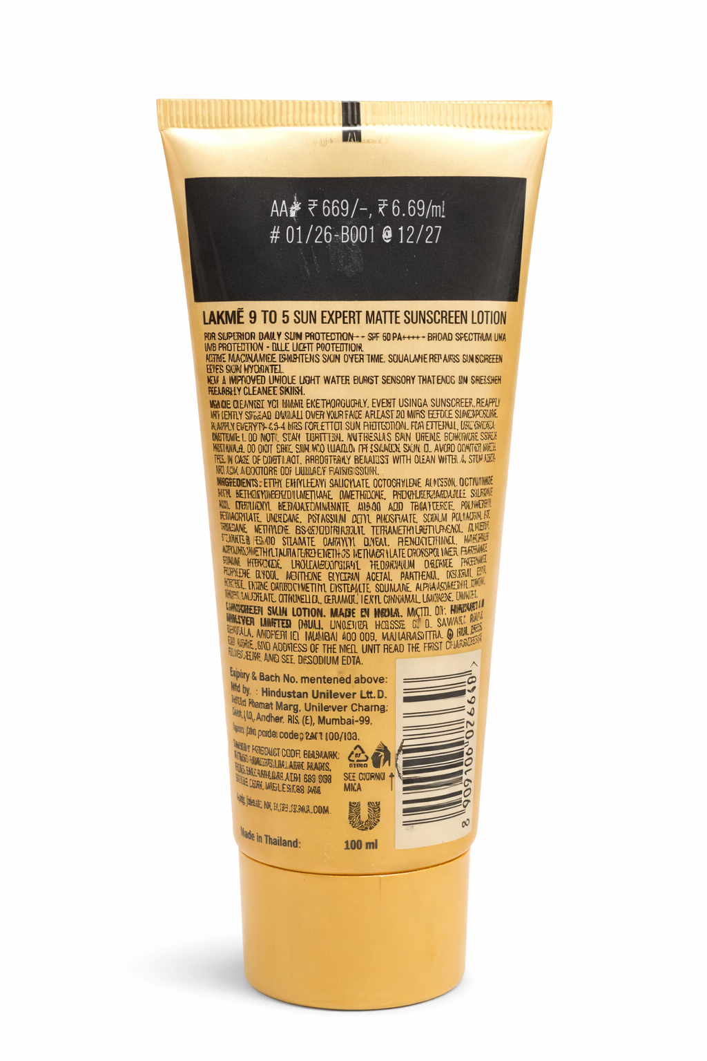 Lakmé 9to5 Sun Expert Matte Sunscreen SPF 50 PA++++ with Niacinamide & Squalane, Oil Control Lightweight Sunscreen