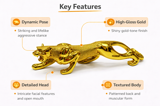 Golden Panther Showpiece Statue | Premium Glossy Gold Leopard Figurine
