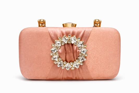 Blush Pink Evening Clutch for Women | Rhinestone Wreath Party Handbag with Gold-Tone Clasp & Satin Interior